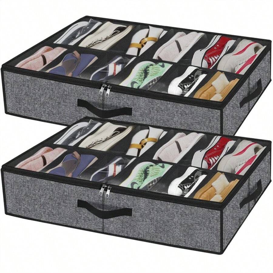 1pc/2pcs - Foldable Non-Woven Fabric Partitioned Dustproof Shoe Box, Suitable For Under-Bed Storage, Can Hold 12 Pairs Of Shoes, With Partitions And A Transparent Lid, Making It Very Convenient To Organize Shoes. - Multicolor - View 1
