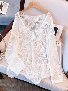 Women's V-Neck Hollow Rhombus Design Loose Knit Cover Up, Airy And Breathable For Beach/Resort Wear, Spring/Summer Vacation White - Light Blue - 查看 6