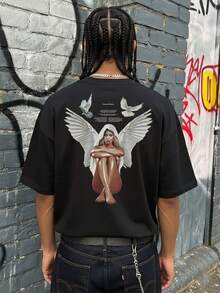 FRACTYR Men's Summer Casual Street Fashion Sacred Angel Goddess Double-Sided Print Loose Fit Round Neck Short Sleeve T-Shirt - Black - View 2