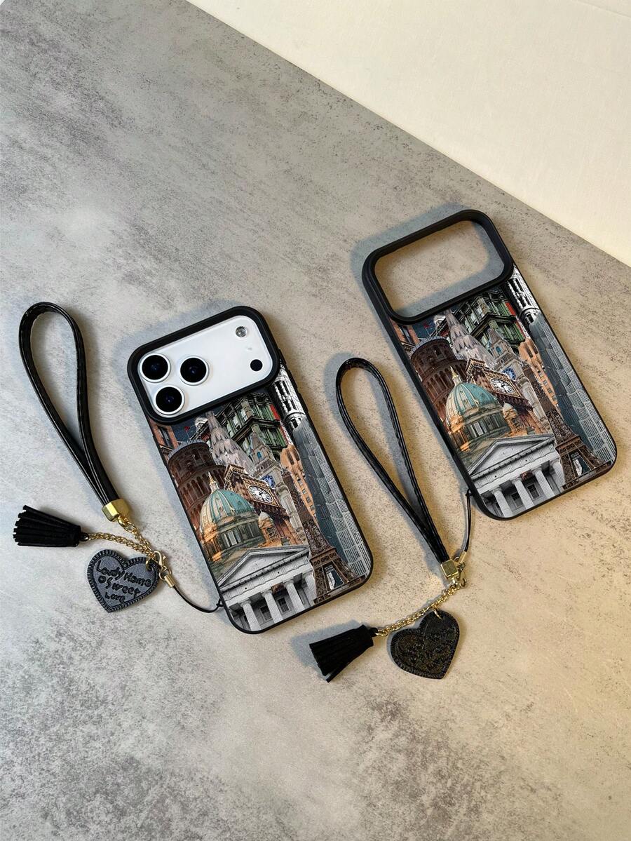 1pc Fashion New Personalized Travel Landmark Pattern Litchi Texture Anti-Fall Anti-Slip Soft Phone Case + Love Lanyard Compatible With Apple, Phones,International Version, Not The Domestic Version - Multicolor - View 1