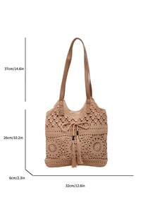 Women Crochet Shoulder Bag With Tassel Fringe Bohemian Vacation Handbag - Khaki - View 6
