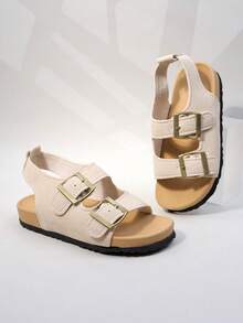 Girls' Beige Suede Double Buckle Sandals, Open Toe Cork Footbed Summer Shoes For Kids - Apricot - View 1