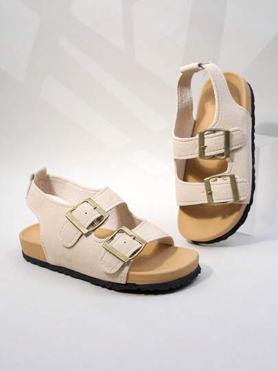 Giày sandal hai khóa màu be bằng da lộn cho bé gái, kiểu hở mũi, đế lót bằng nút bần, giày mùa hè cho trẻ em.