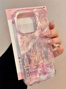 Pink Painted Graffiti 1pc Gradient Pink Fireworks Castle Holographic Pattern Phone Case, Fashionable Personalized Shockproof Fairy Tale Protective Cover, Compatible With IPhone17/Compatible With IPhone17 Pro Max/Compatible With IPhone16 Pro Max/Compatible With IPhone15 Pro/Compatible With IPhone14/Compatible With IPhone13/12/11, Can Be Given As A Gift To Family, Friends, Siblings, Or Partner Spring Birthday Gift - 1pc - View 3