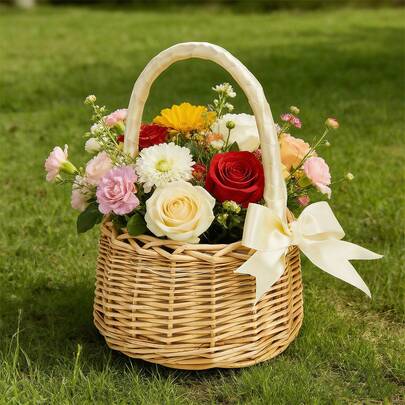 1Pcs Farmhouse Woven Storage Basket With Bows - Large Easter Flower Basket, Rustic Home Decor Organization For Blankets, Toys, Laundry, Lightweight