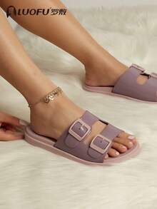 Summer New LUOFU Fashion Women Flat Slippers, Outdoor Beach Slippers, Fashionable Double Buckle Slippers, Indoor Non-Slip Sandals - Pink - View 5