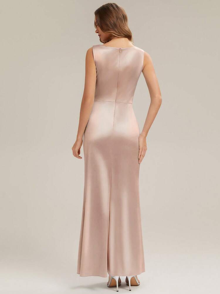 shein champagne bridesmaid dresses EVERPRETTY New Elegant Satin Sleeveless Side Slit Cowl Neck Champagne  Bridesmaid Dress, Formal Evening Gown For Summer Wedding Guest, Party,  Cocktail