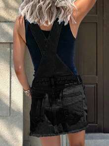 Women's Loose Denim Pinafore Dress | Casual Distressed Frayed Slim Fit Versatile Fashionable Streetwear - Black - View 7