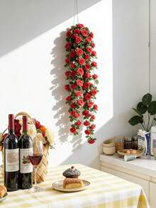 1件人造红玫瑰花环，仿真玫瑰藤蔓，带花叶，可悬挂于婚礼拱门、桌旗、母亲节装饰、家居墙面及阳台装饰。 - 彩色 - 查看 3