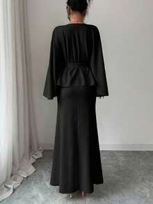 Solid Color Elegant Party Spring Casual Tie Ruffle Hem 2 Pieces Set Black - Black - View 4