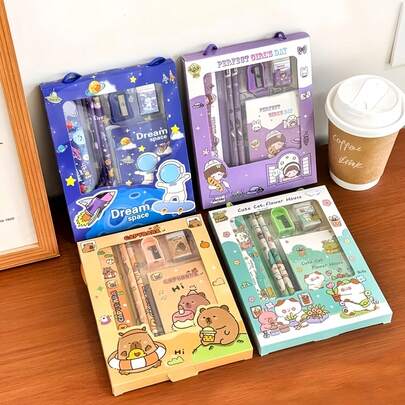 6件套学生文具礼盒套装，便携式书写绘画工具，墨水流畅易擦，防水防尘收纳，可爱卡通宇航员和水豚主题笔、笔记本、橡皮、卷笔刀，精美长方形礼盒包装，适用于课堂学习、日常办公、日记、儿童生日、返校、毕业、派对礼品、校园、旅行、节日礼物、课堂分享、亲子互动等场合。