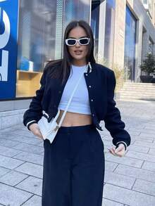 女士藏蓝色宽松飞行员夹克 - 春季立领长袖前开襟纽扣街头时尚外套，带口袋 - 寶藍色 - 查看 8