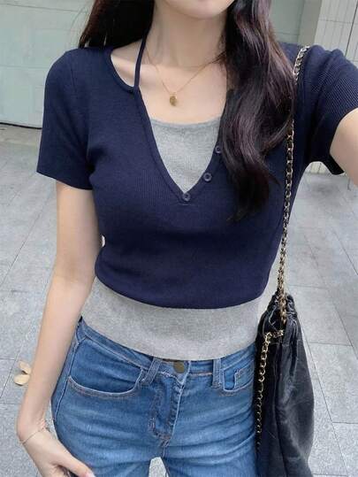 Women's V-Neck Knit Top, 2 In 1 Design, Fitted Contrast Color Pullover Tee, Summer