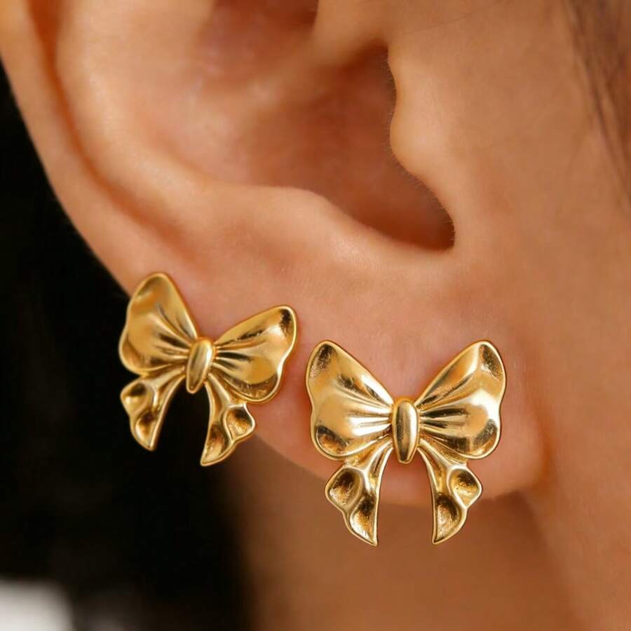 一对甜美时尚的轻盈奢华金色蝴蝶结耳环，适合日常办公佩戴、朋友聚会、度假旅行、音乐节或欢乐派对。 - 金色 - 查看 1