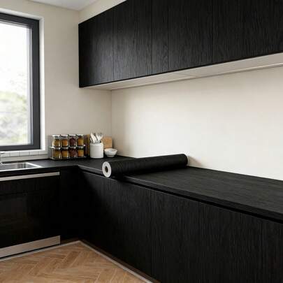 1卷自粘墙纸 - 黑色防水木纹贴纸 - 黑色墙贴 - 自粘墙纸，PVC可移除乙烯基墙纸，适用于卧室装饰、家居装饰和房间装饰，自粘墙纸，橱柜，台面，浴室装饰艺术墙（15.7英寸 x 118.1英寸）