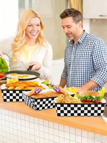10pcs/20pcs/30pcs Black And White Checkered Paper Food Trays Racing Party Food Boat Black And White Plaid Serving Tray For Racing Theme Birthday BabyShower Party Popcorn Nacho Snack Hot Dog - Black and White - View 6
