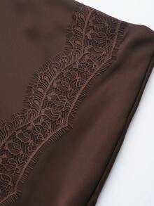 Women's Elegant Contrast Lace Slit Hem Silk-Feel Skirt, Vacation Style - Brown - View 3