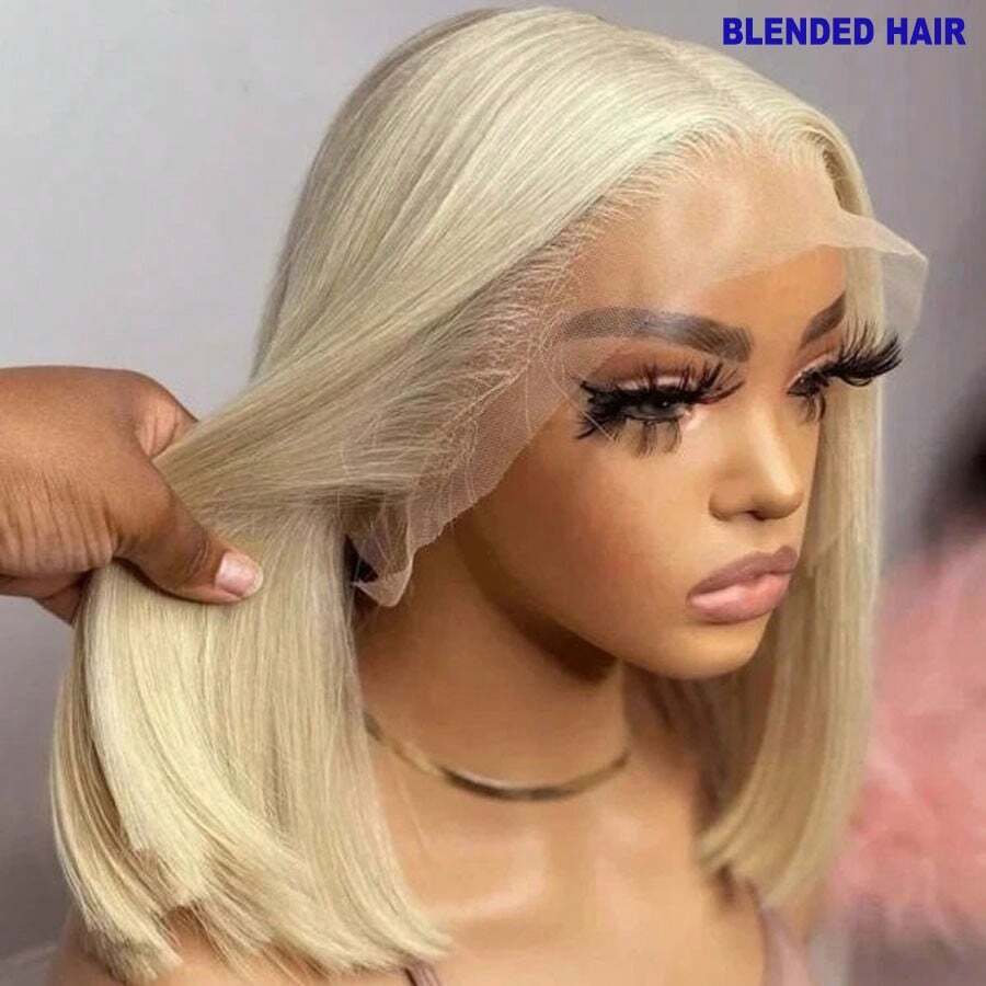 Peluca de encaje frontal liso de cabello humano mezclado 13x4 HD con encaje transparente, color rubio #613, peluca de encaje frontal sin pegamento de cabello virgen brasileño con densidad del 200% y cabello de bebé, línea del cabello previamente desbastada - S613 - Ver 1