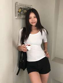 简约百搭纯色圆领修身七分袖上衣，百搭休闲春季白色 - 白色 - 查看 3