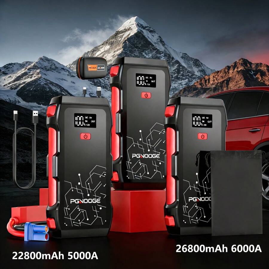 PGNOOGE 5000A Arrancador De Coche, Booster De Batería 22800mAh (Para Motores De Gasolina Hasta 8.5L), Arrancador De Emergencia Auto 12V With Linterna, Pantalla LED, Carga Rápida USB - 5000A-m10A - View 1