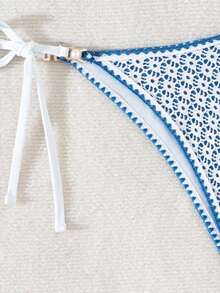Women's Beach Summer Outfit, Hollow Fabric Blue & Pearl Decorated Bikini - Blue and White - 查看 4