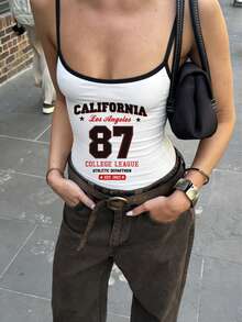 Summer New Simple Elegant Numeric 87 & Letter Print Casual Round Neck Sleeveless Tank Top, Fashion Versatile Suitable For Women - White - View 5