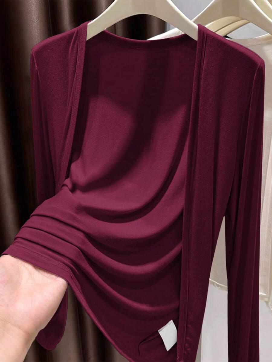 Áo khoác cardigan dệt kim Vera Lane dành cho nữ, phong cách Y2K giản dị, dễ thương, màu trơn, không cài cúc, phù hợp cho các buổi hòa nhạc và các dịp khác, nhẹ nhàng và đa năng, phong cách nghỉ lễ biển, trang phục lễ hội âm nhạc Phục Sinh. - Màu Đỏ Sâu - Xem 1