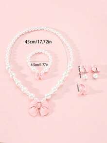 Set de 5 piezas de joyería con moño y perlas para niños, incluye collar, pulsera con cuentas, anillo y aretes, adecuado como regalo de fiesta de cumpleaños o para uso diario de niñas - Unitalla - Ver 8