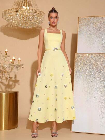 New Elegant Women's Wide Shoulder Strap Sleeveless A-Line Pleated Loose Pink Long Dress, Fashionable Women's Dress Belt Design, Light Luxury Heavy Industry Colorful Pearl Rhinestone Flower Decoration Long Dress, Women's Wedding Guests Bridesmaid Dress, Holiday Commemorative Party Formal Dinner Dress