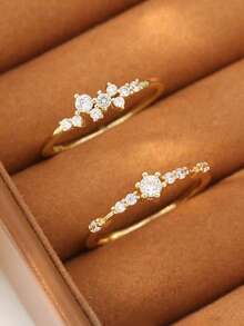 2pcs Elegant Rhinestone Decorated Ring Set, Fashionable Rings For Women, Suitable For Daily Wear - الذهبي - مشاهدة 4