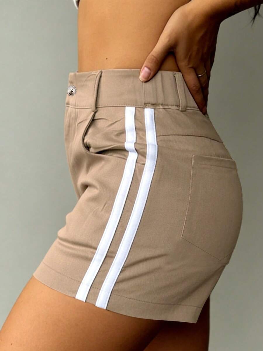 Women's Straight Woven Fabric Short Cargo Shorts, With White Stripe Trim On Sides Summer - Khaki - View 1