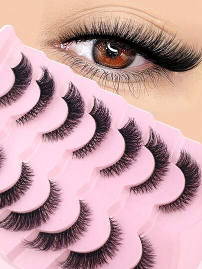 7对猫眼浓密D卷隐形假睫毛，柔软舒适，蓬松卷翘，多层密集设计，轻盈舒适，手工精制，自然卷翘，可重复使用，适合日常和居家使用。