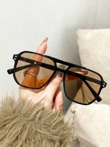 1 par de gafas de aviador de estilo unisex con doble barra, disponibles en múltiples colores. Gafas básicas para mujer, adecuadas para atuendos de otoño/invierno, regalos de negocios casuales, estampado de leopardo, vacaciones de verano en la playa, al aire libre, viajes - Multicolor - Ver 9