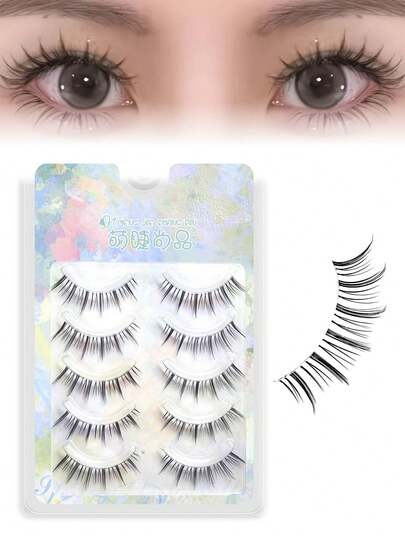 MENGJIESHANGPIN 5对便携式蓬松卡通风格假睫毛，逼真韩式透明一体式假睫毛