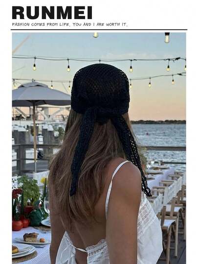 1pc Women's Retro Bohemian Style Triangle Headscarf, Knitted Lace Headband, Lightweight Sun Protection Hair Accessory, Cute Summer Beach Sunshade, Multifunctional Scarf And Shawl, Suitable For All Seasons