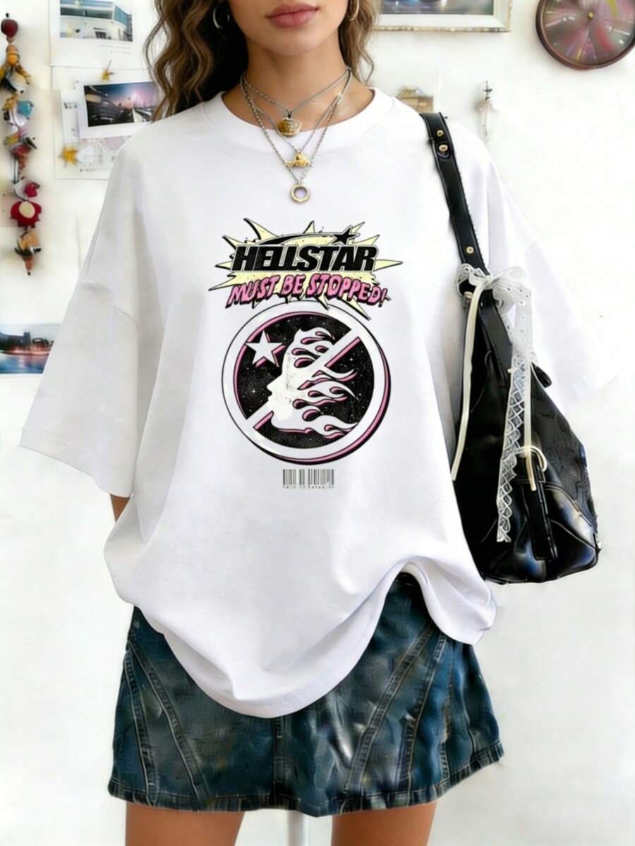 Hellstars  Pattern Flame Head Star Y2K Graphic T-Shirt,220g 100% Cotton,Round Neck Short Sleeve,White Streetwear Essential For Summer Going Out,Unisex Style - 白色 - 查看 1