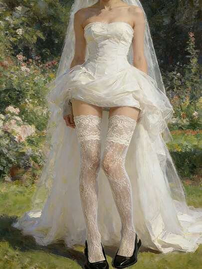 1 Pair White Lace Thigh High Socks, Sexy Bridal Wedding Stockings, Pure Sheer Non-Slip High Elasticity Slimming Leg Socks, Suitable For Casual, Outdoor, Dance, Party, Daily Wear