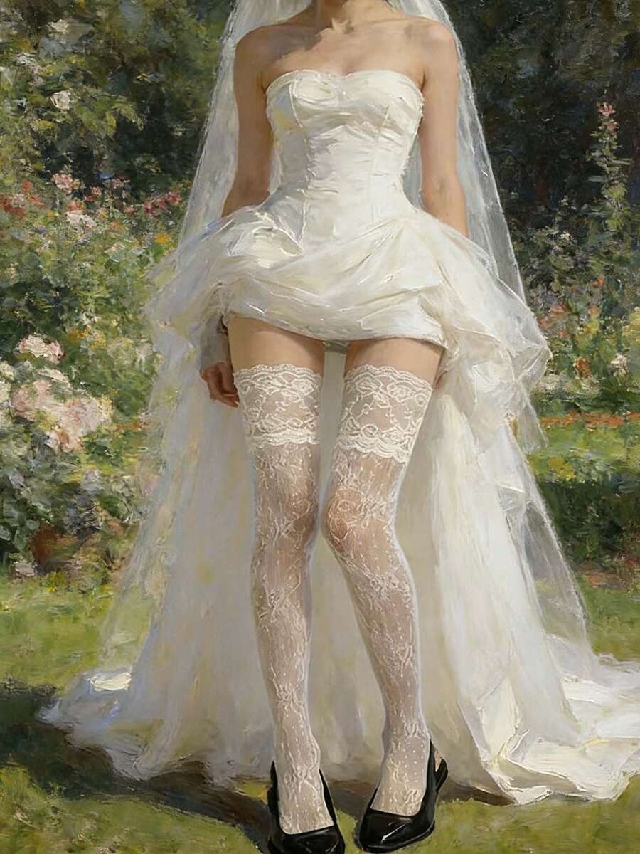 1双白色蕾丝过膝长袜，性感新娘婚礼袜，纯透明防滑高弹显瘦长筒袜，适合休闲、户外、舞蹈、派对、日常穿着 - 白色 - 查看 1
