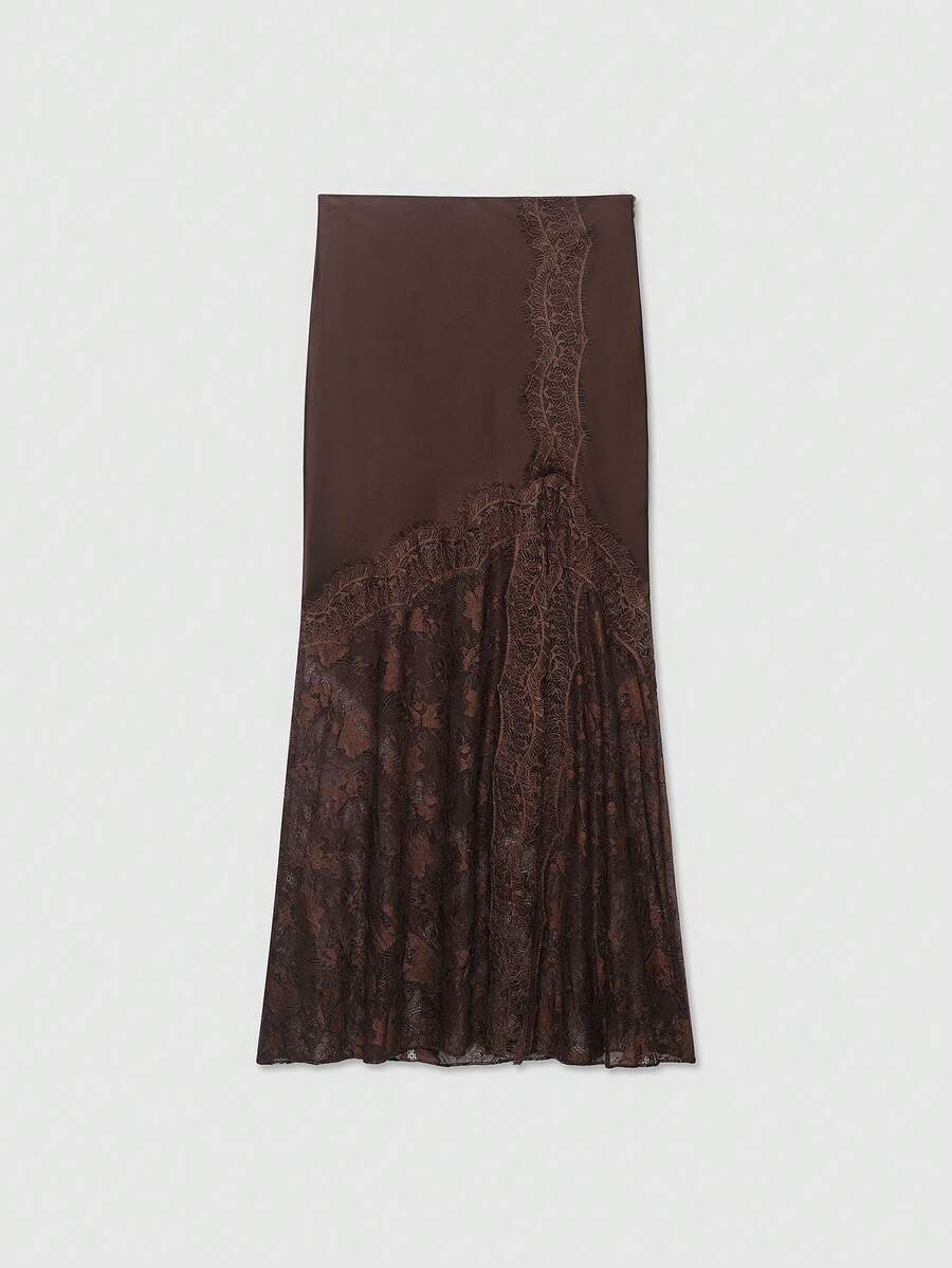 Women's Elegant Contrast Lace Slit Hem Silk-Feel Skirt, Vacation Style - Brown - View 1