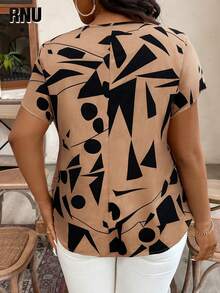 Plus Size Women Geometric Pattern Front Tie Blouse, Suitable For Daily Wear, Evening Date, Holiday, Wedding, School, Vacation, Work, Home, Birthday Party, Dates - Camel - View 4