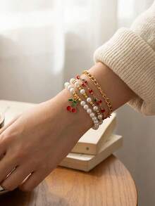 4 Pcs/Set Fashionable Y2K Sweet Fruit Cherry Faux Pearl Multi-Layer Bracelet, Cute Fruit Bracelet Spring/Summer Bracelet Set - Multicolor - View 5