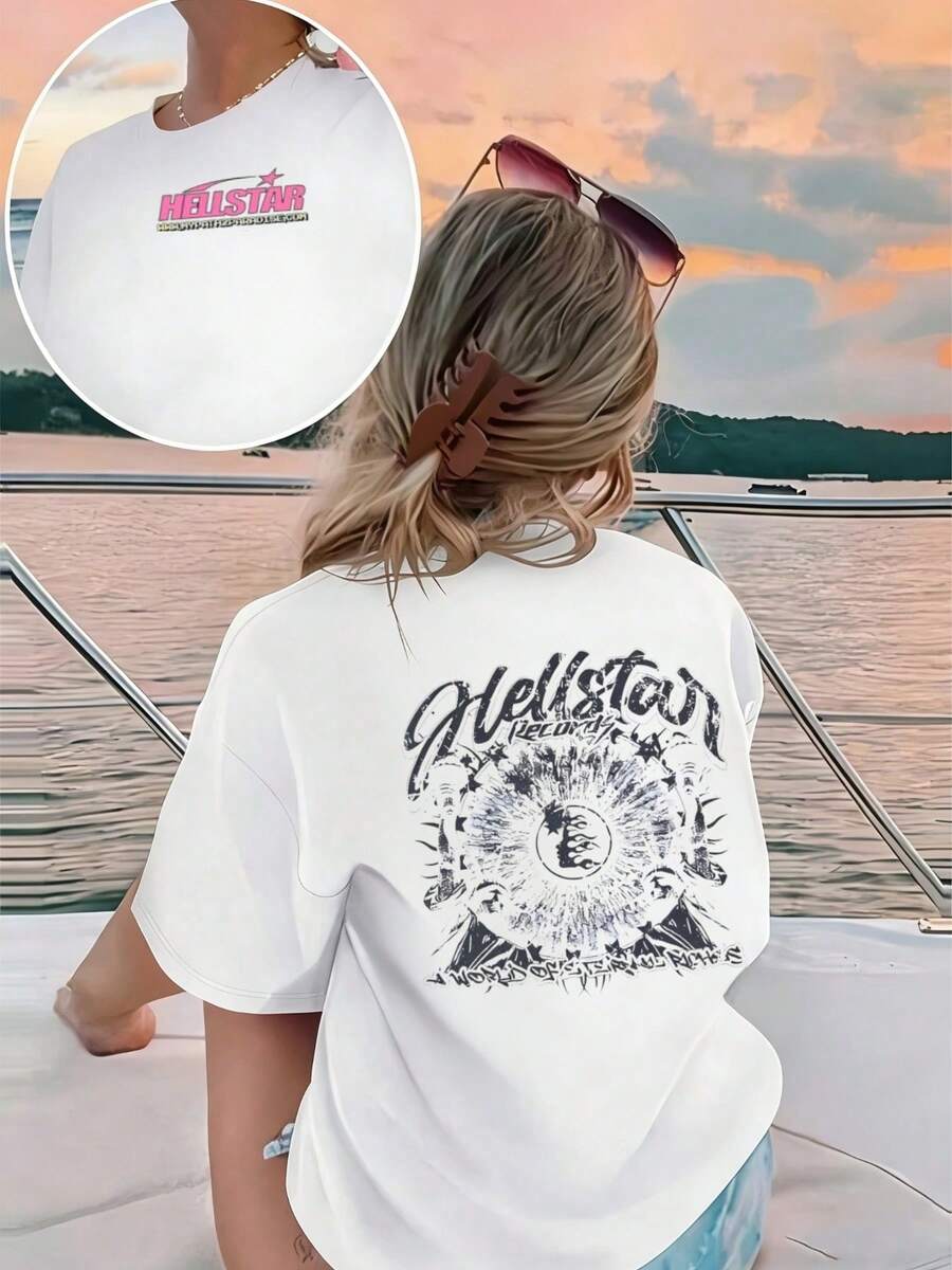 Plus Size Hellstars Records World Of Eternal Rights Vintage T-Shirt Double Sided Printed (220g 100% Cotton T-Shirt),Summer Clothes, Women's Tops, Casual And Comfortable, Fashionable Graphic Tee, Unisex Style - White - View 1