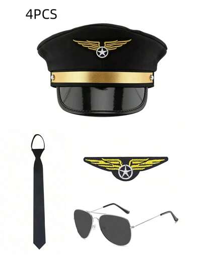 パイロットコスプレ小物セット 4点: 大人サイズ ワイドブリムハット + ブローチ + ファッショングラス + ネクタイ、パーティーアクセサリー