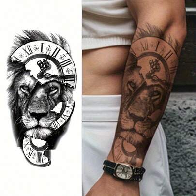 Tatuaje temporal de león feroz, tatuaje falso impermeable para hombres