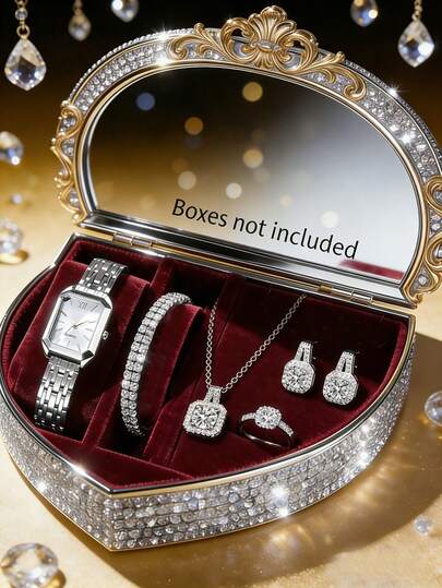 6件套青少年仿真腕表套装，银色表带，奢华风格不锈钢石英表，刻度设计，镂空银色项链、手链、戒指、耳环首饰套装，长方形表壳，最佳生日礼物，适合日常、派对、节日、返校季等场合。
