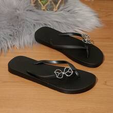 Beyond Paradise Rhinestone Bow Solid Black Flip Flops - Black - View 4