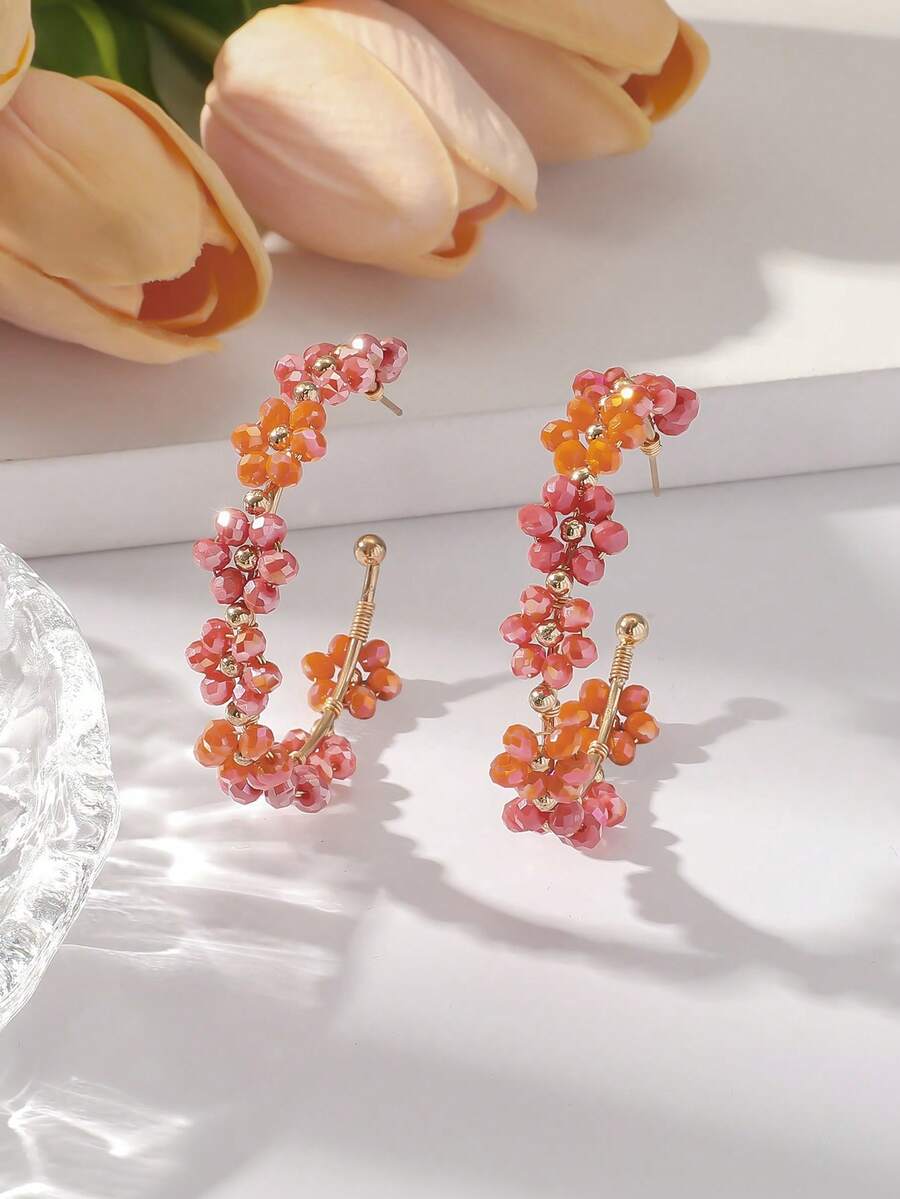1对时尚夸张彩色花朵圈形耳环,女士奢华优雅小众清新甜美C形水晶花朵耳环,适合日常、度假、派对佩戴(手工串珠,颜色位置和金属丝缠绕方式随机) - 桔紅色 - 查看 1