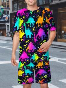 Colorful Dinosaur Silhouettes Pattern Mens Short Sleeve Set Casual Comfortable Outfit Soft Breathable Lounge Wear Summer Fashion Gift - 彩色 - 查看 2