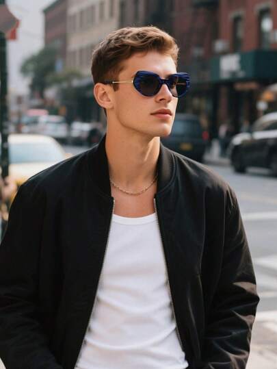 1副男士时尚不对称大框多边形拼接眼镜，休闲百搭街头风，适合日常、聚会、通勤、驾驶，防紫外线