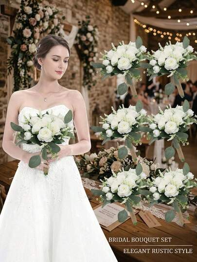 Rustic Bridal Bouquet With Artificial White Roses, Bridesmaid Bouquet For Wedding Ceremony, Outdoor Lawn, French Retro Style, High-End Prop For Wedding Registration And Photoshoot, Bridesmaid Robe/Lawn Wedding